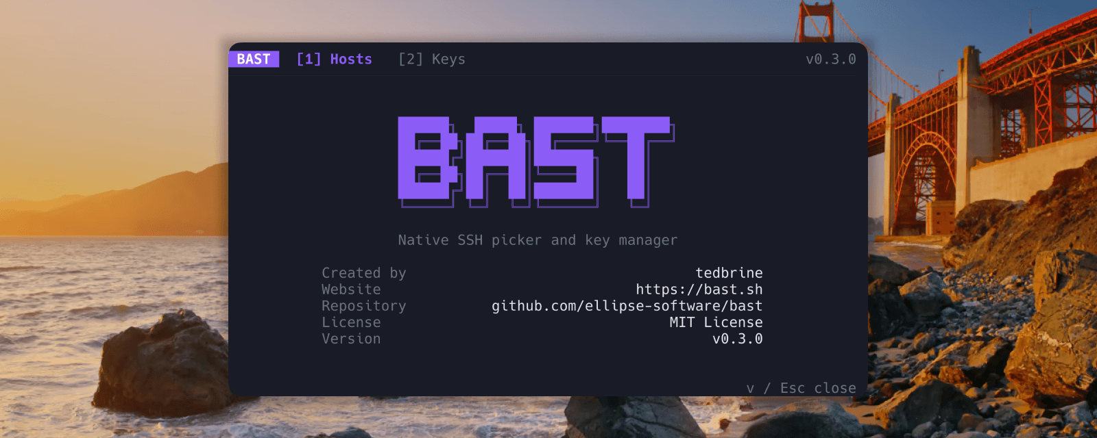 The Bast host picker with hosts and keys tabs