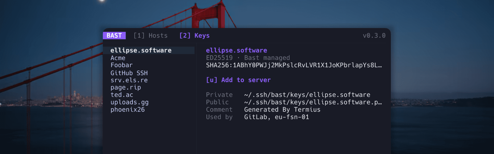 The keys tab with generate, import, and export actions